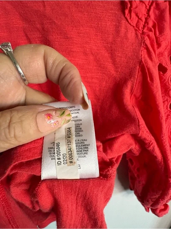 Express Red/Orange Eyelet Puff Sleeve Knit Top Size S Y2K Cottagecore Boho - Picture 6 of 8